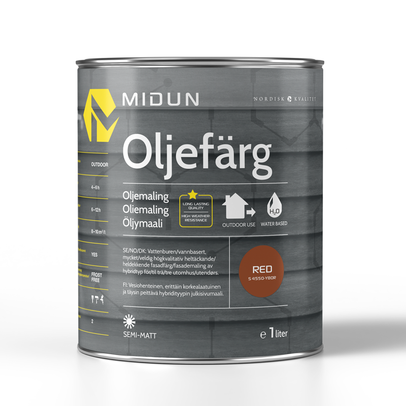 Midun Oljemaling V Rød  1 L, Fasademaling, Utemaling, Vannbasert