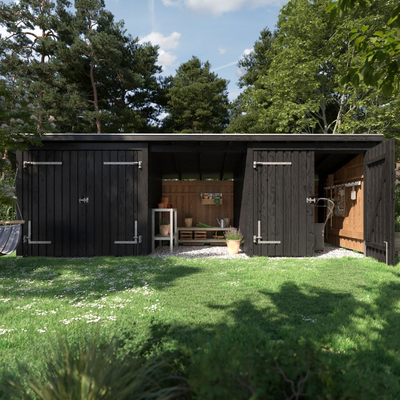 Plus Hagehus Nordic Multi 14 M2 3 Moduler 2 Dobbeltdører Og Åpen Forside  Inkl. Takpapp Alulister Og Stolpeføtter