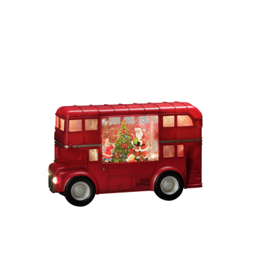 Stående lysdekorasjon innendørs Vannfylt rød buss med julenissen Gnosjö Konstsmide